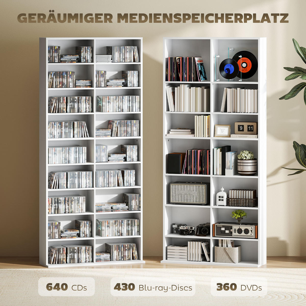 CD DVD Blueray Regal CD-Ständer mit 18 Fächern fürs Wohnzimmer Weiß - Weiß, Karton (24/175/78.5cm) - HOMCOM