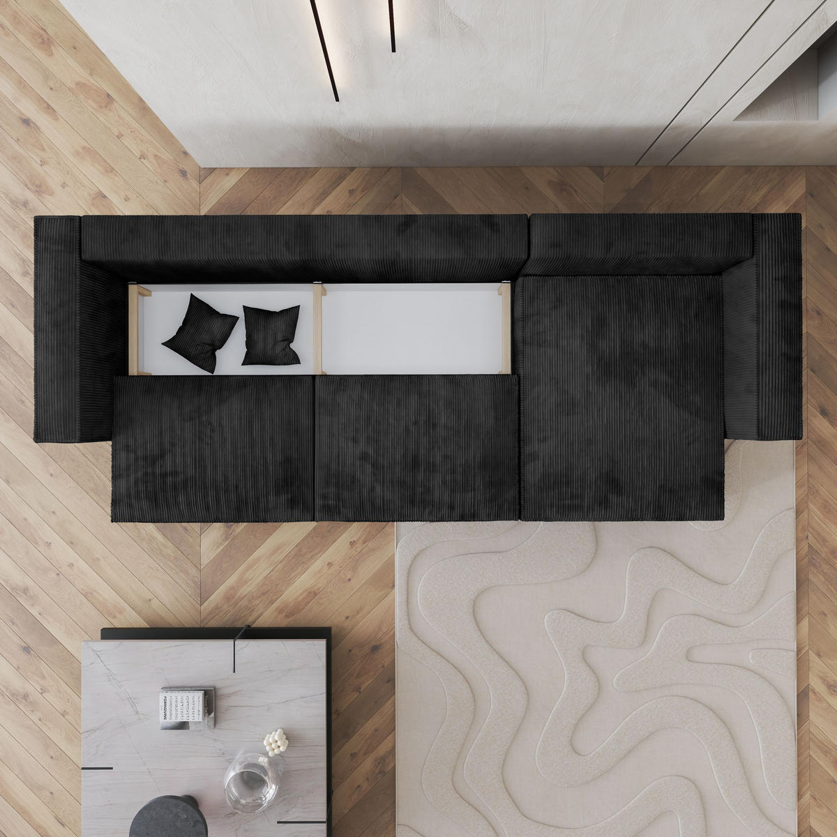 ECKSOFA TOLMO P Schwarz Kordstoff mit Schlaffunktion - Schwarz, Holz (347/148cm) - MASSENO