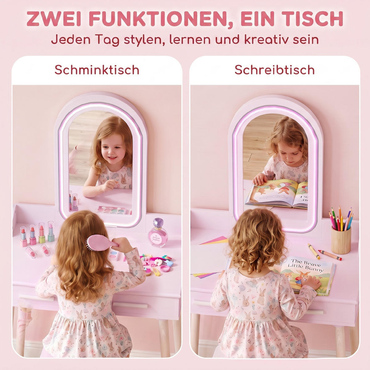 KINDER-SCHMINKTISCH-SET MDF Kiefernholz 2er Set Rosa - Weiß/Rosa, Holz/Holzwerkstoff (36/100/60cm) - AIYAPLAY