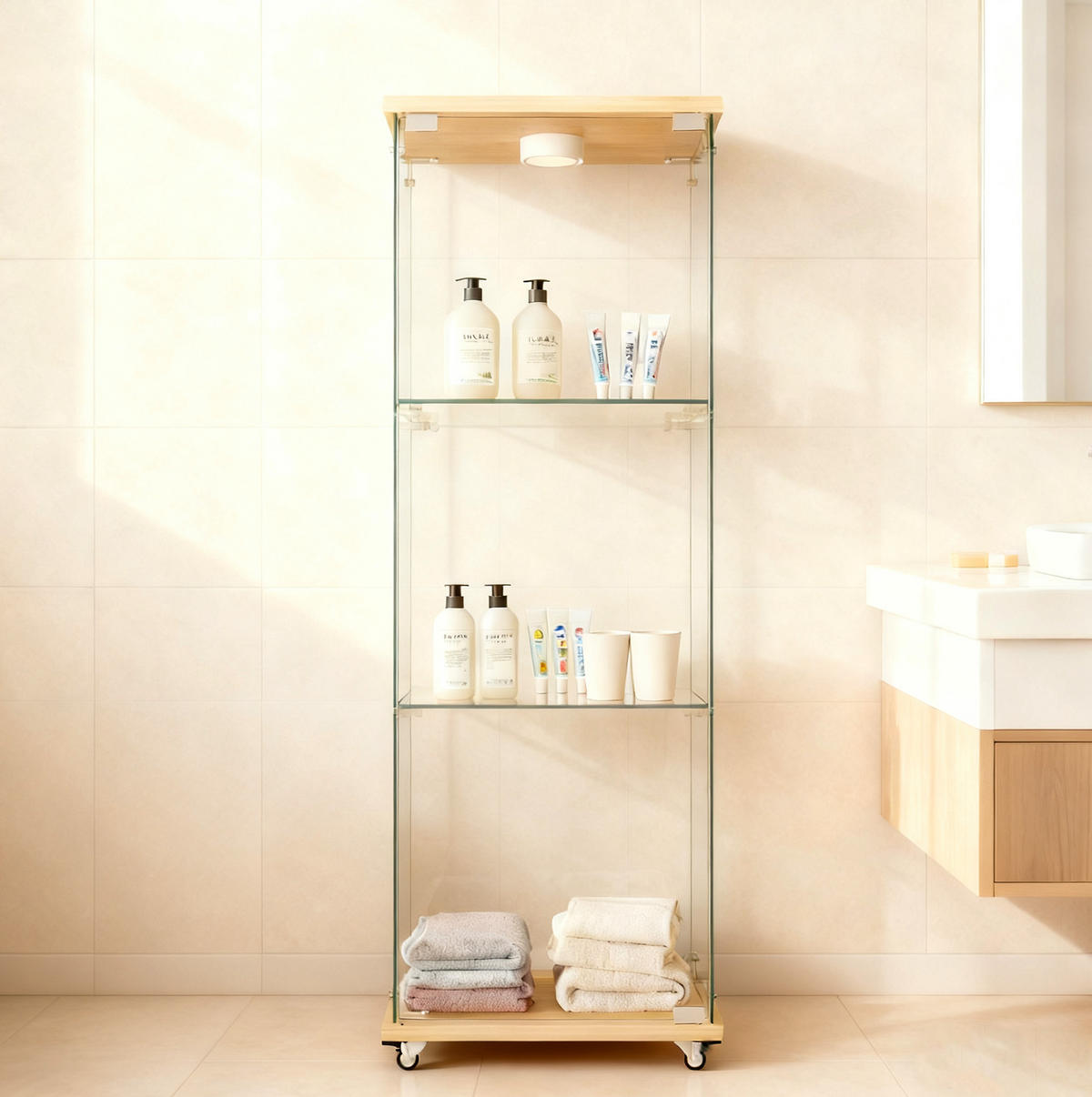 VITRINE in Naturfarben Glasvitrine mit LED-Beleuchtung für Wohn- und Schlafzimmer, B42.5/T36.5/H120cm - Naturfarben, Glas/Holzwerkstoff (42.5/120/36.5cm) - STILVORA