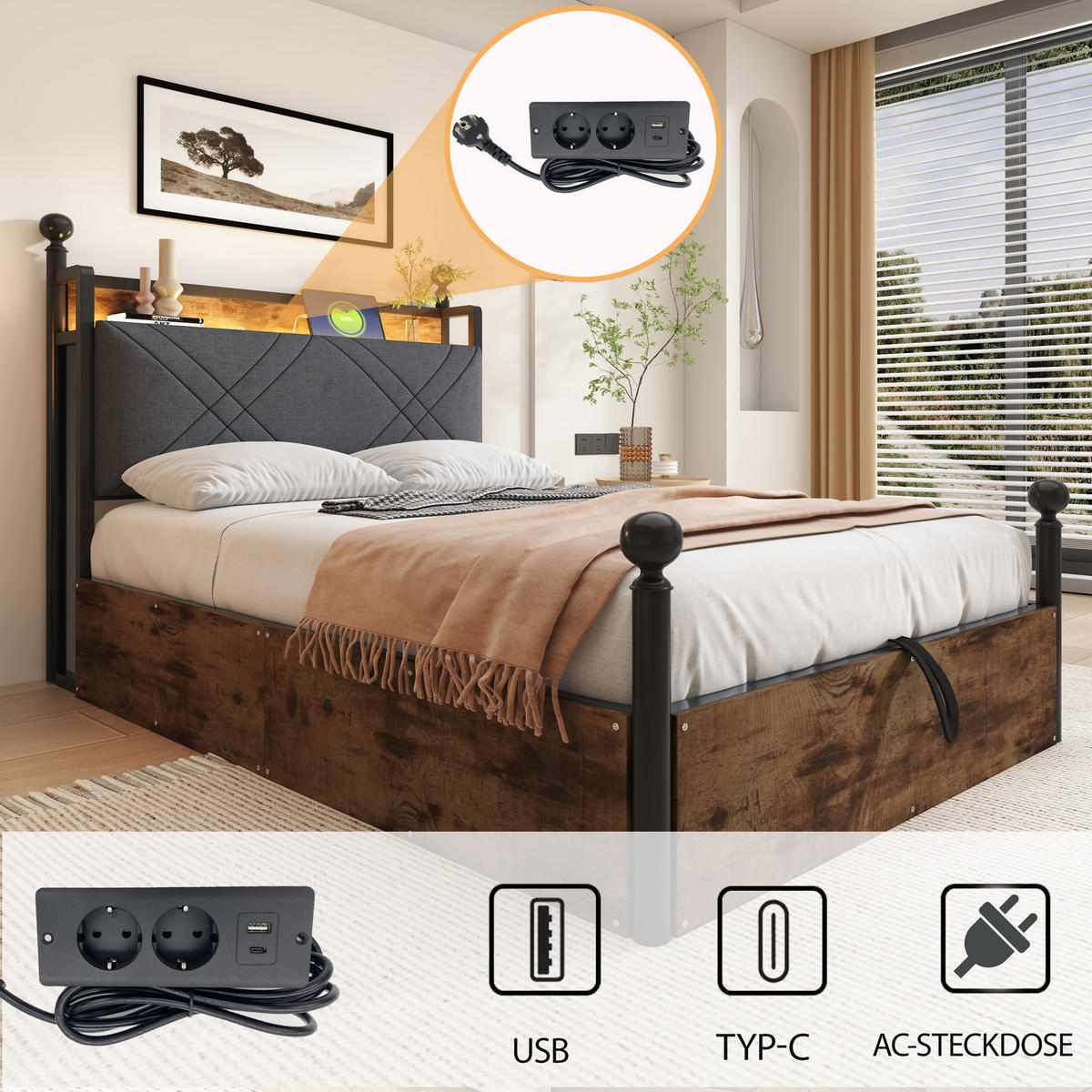 METALLBETT 90x190 cm Stauraum Baldachin schwarz - Schwarz, Metall (90/190cm) - LEBENLANG