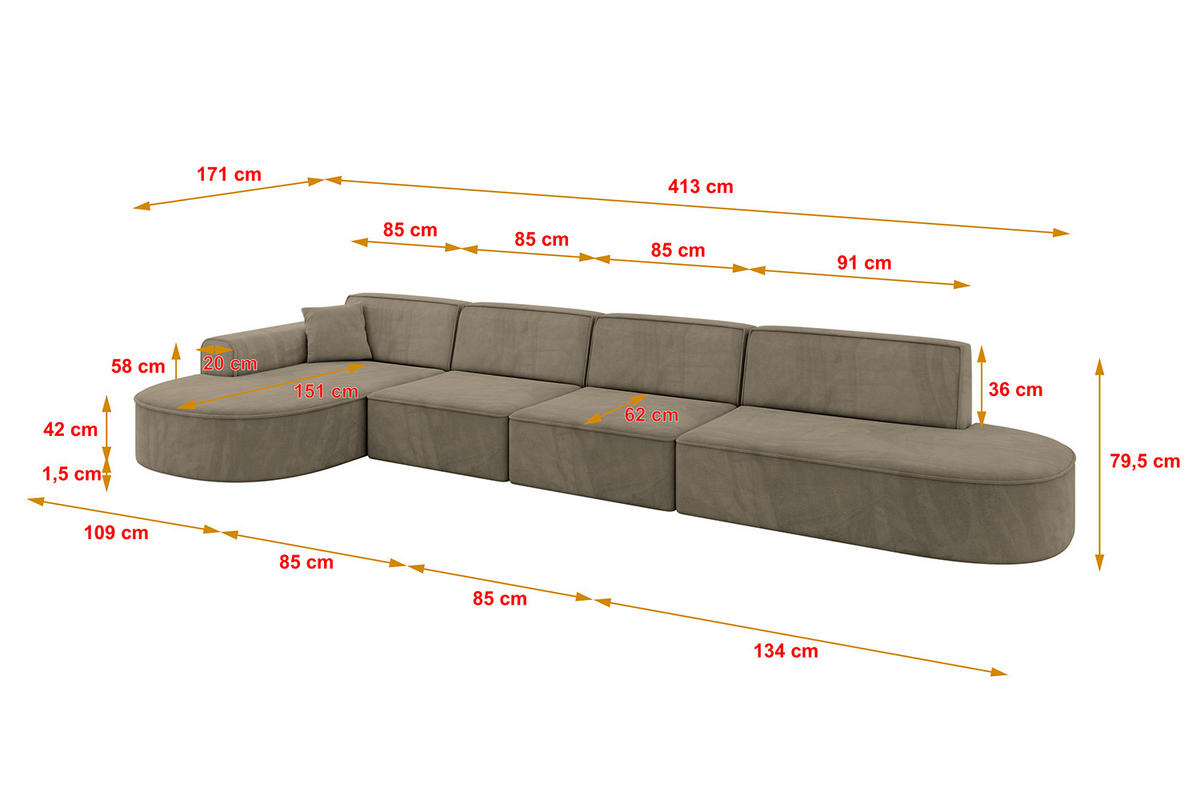 ECKSOFA Ottomane Links MARI-L3 - 413x171x79 cm Dunkelbraun Velours - Dunkelbraun/Schwarz, Holzwerkstoff/Kunststoff (413/171cm) - ALTDECOR