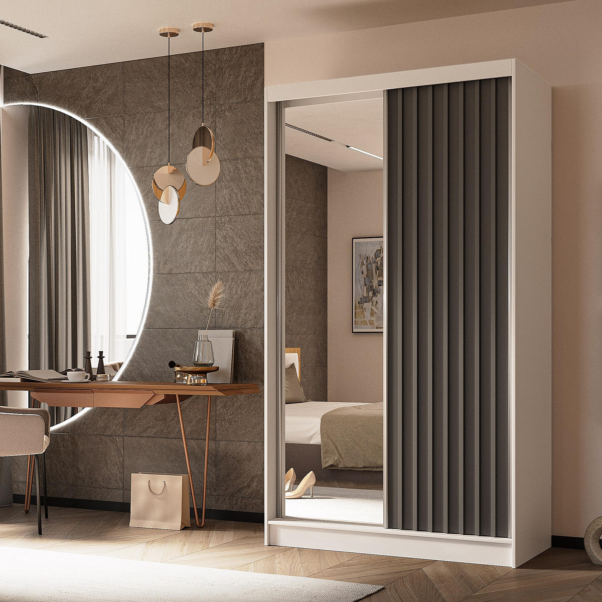 SCHWEBETÜRENSCHRANK LAMELLO 120/216/61 cm 2-türig mit Spiegel Weiß - Weiß/Grau, Holzwerkstoff (120/216/61cm) - MASSENO