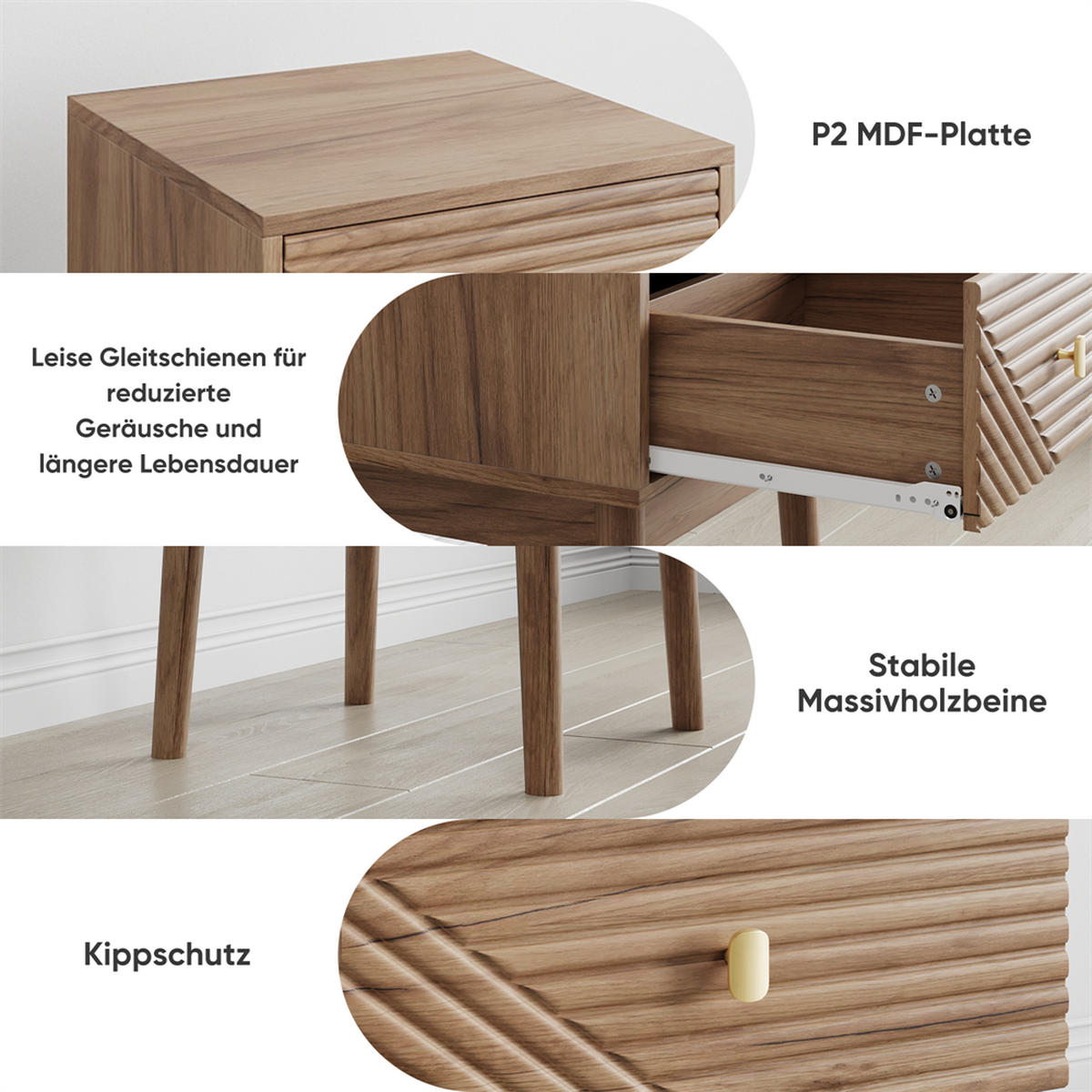 NACHTTISCH mit Schublade & Goldener Griff - 40x 40 x 55 cm - 2er Set Nachttische in Eichenoptik mit Rillen-Muster - Eichefarben, Holzwerkstoff (40/55/40cm) - DELFA