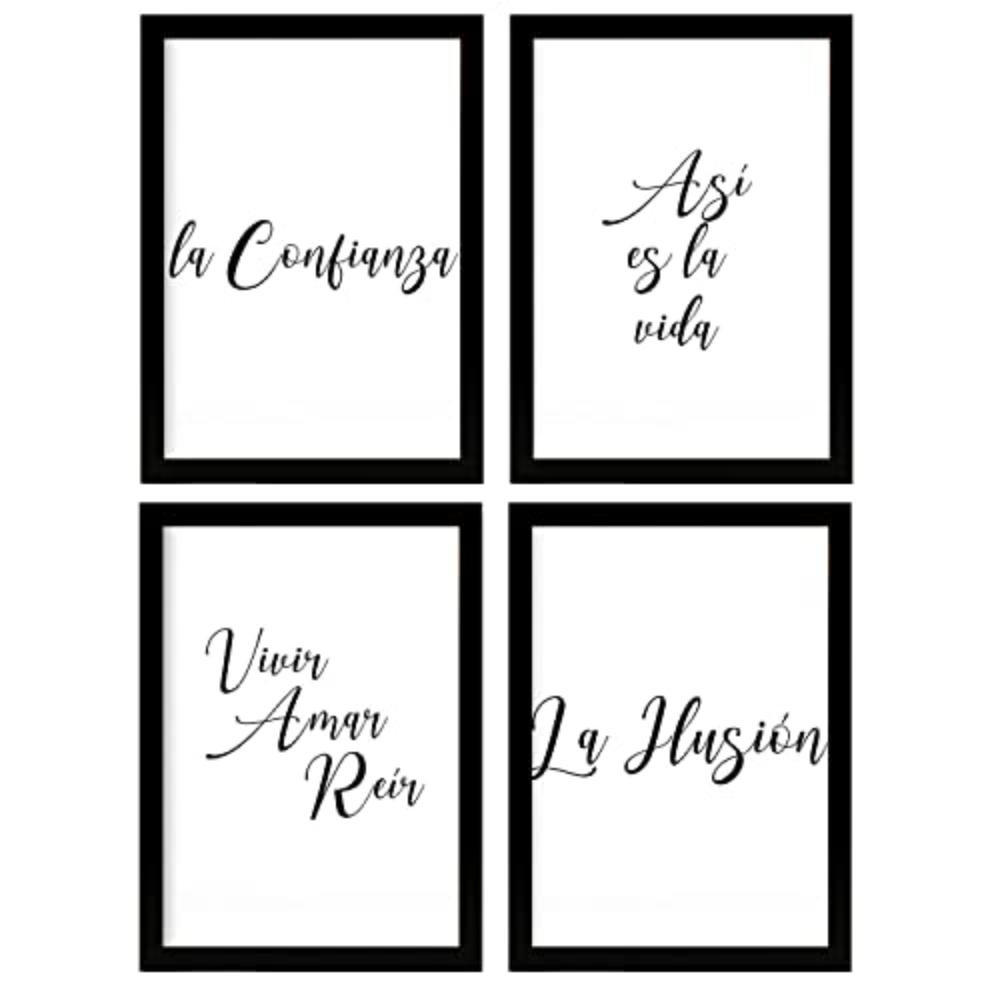 POSTER Set mit 4 Leben TypografieStil A4 Schwarzer Rahmen - Schwarz, Papier (29.7/3cm) - Nacnic