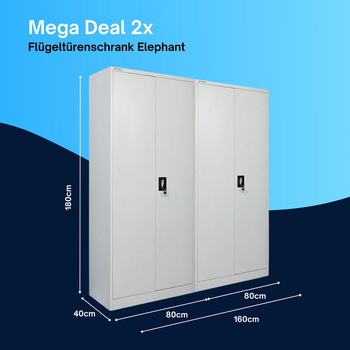 FLÜGELTÜRENSCHRANK Elephant 2er-Set komplett montiert 180x80x40cm 6 Fächern & Kleiderstange Lichtgrau - Hellgrau, Metall (160/180/40cm) - PROREGAL