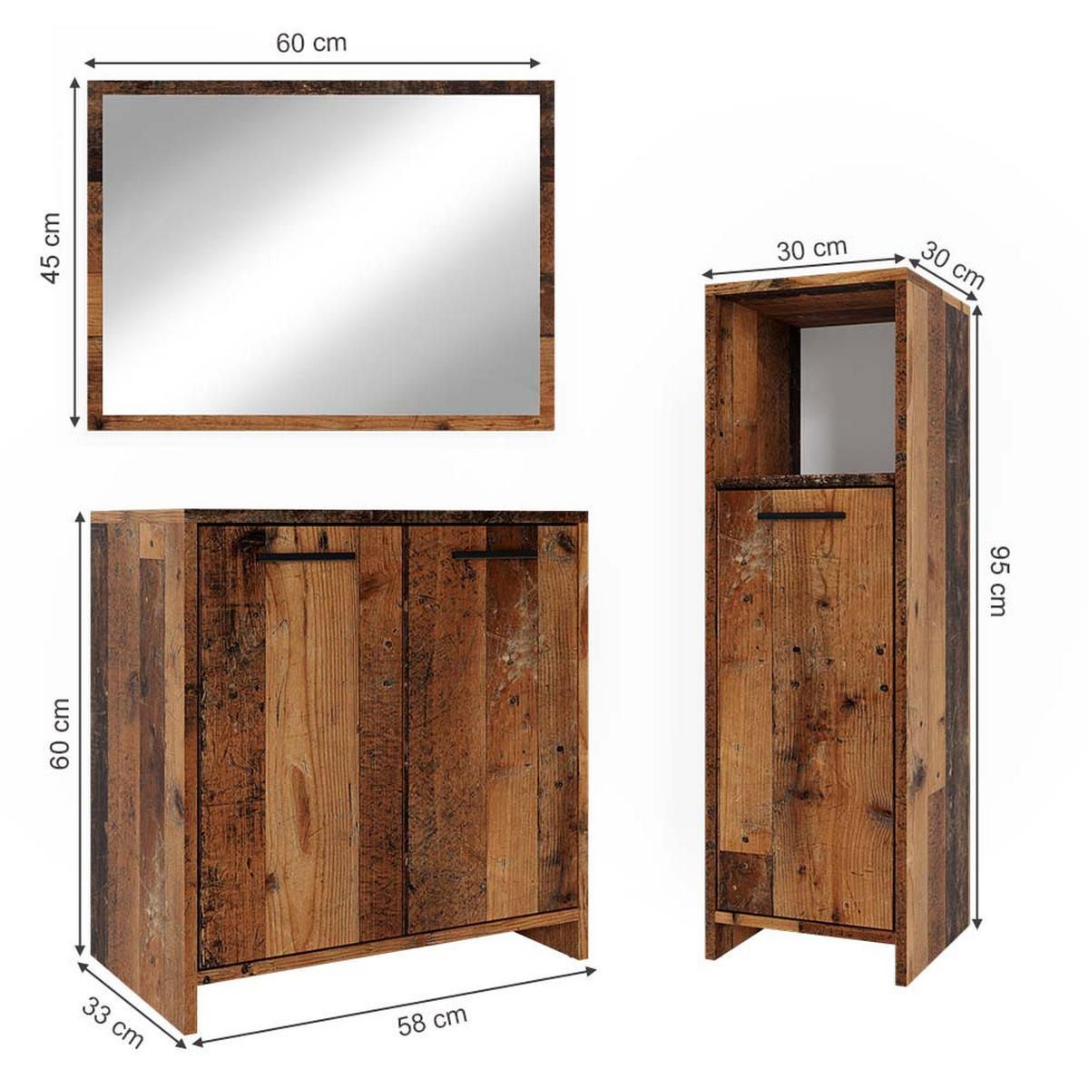 BADMÖBEL-SET Kiko Eiche rustikal 3 Teile, mit Midischrank - Wildeiche, Holzwerkstoff (58/60/33cm) - Vicco