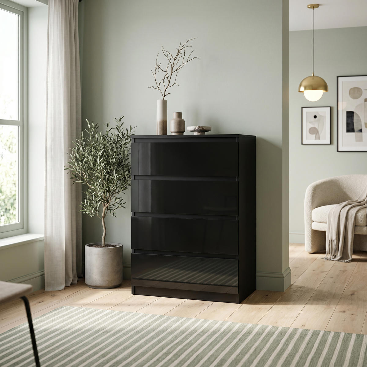 KOMMODE NUDO 70/102/39cm mit 4 Schubladen Türen Schwarz - Schwarz Hochglanz/Schwarz, Holzwerkstoff (70/102/39cm) - MASSENO