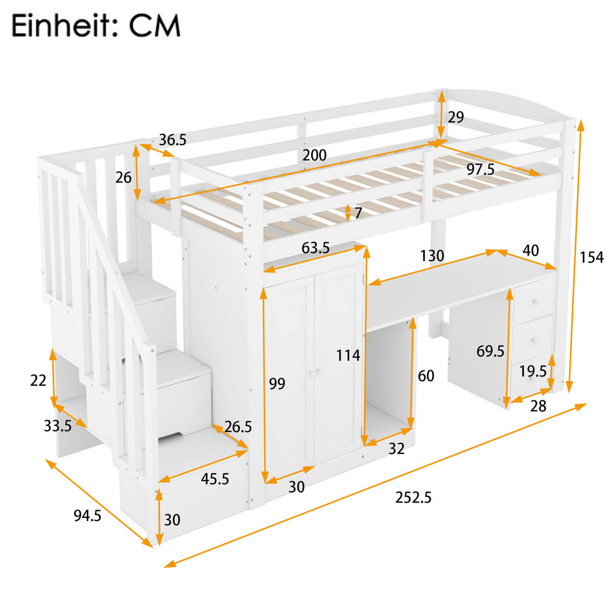 HOCHBETT 90/200 cm Weiß aus Kiefernholz und MDF mit Schreibtisch und Stauraum - Weiß, Holzwerkstoff (90/200cm) - OKMYHOME