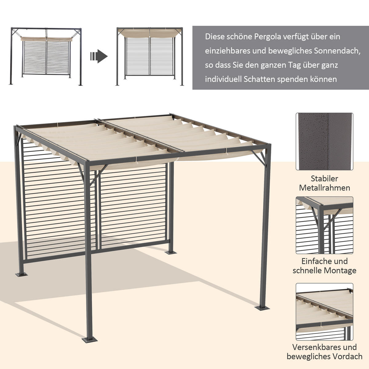 PAVILLON, Pergola, Polyester, Beige - Dunkelgrau/Beige, Kunststoff/Metall (280/238/300cm) - Outsunny