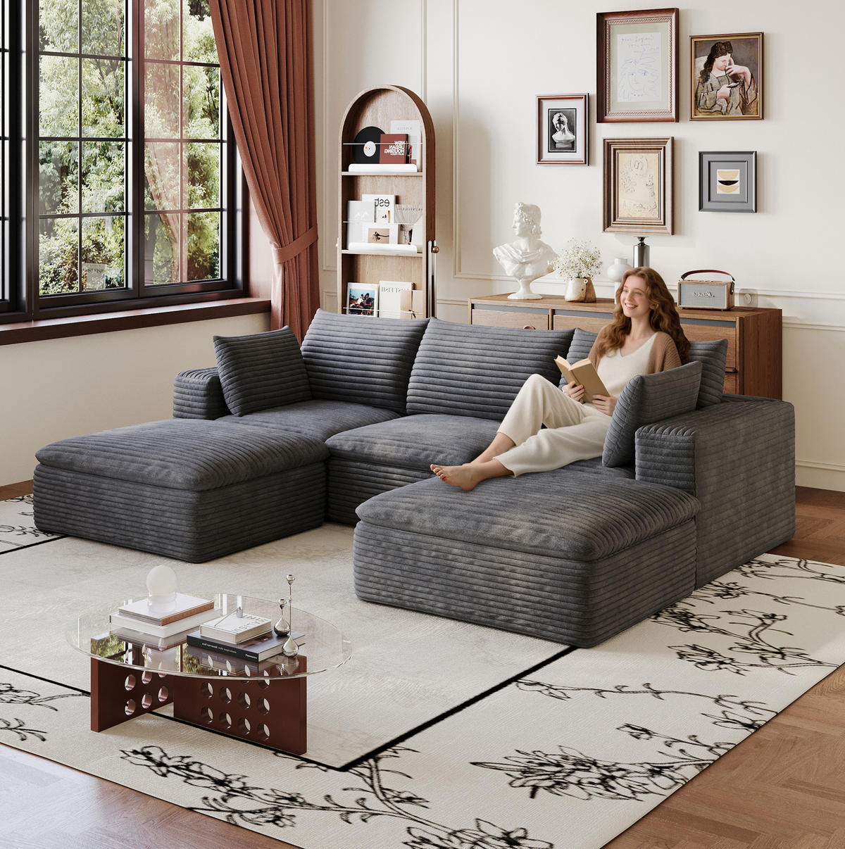 WOHNLANDSCHAFT aus Stoff Dunkelgrau mit verstellbaren Elementen und Schaumstoffpolsterung - Dunkelgrau, Textil (260/60/160cm) - Modfu