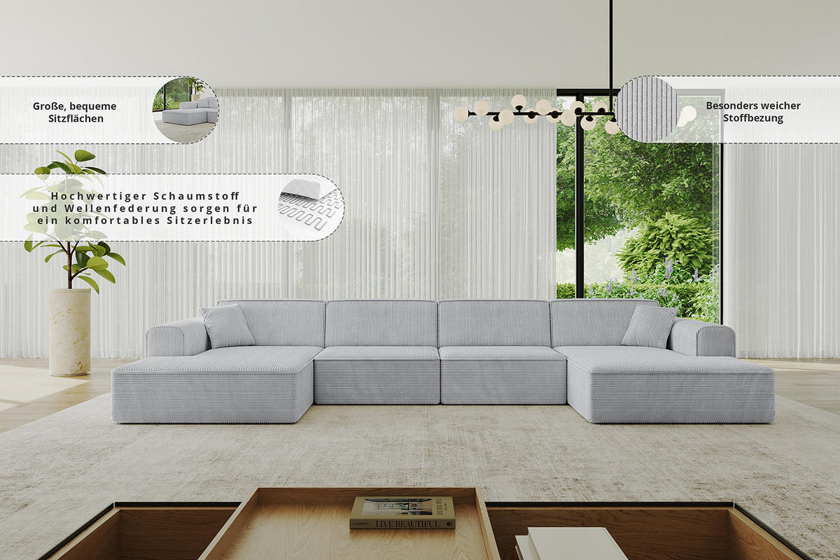 WOHNLANDSCHAFT IREA-U2-v3 - 382x165x76 cm Senfgelb - Currygelb, Holzwerkstoff/Textil (382/76/165cm) - ALTDECOR