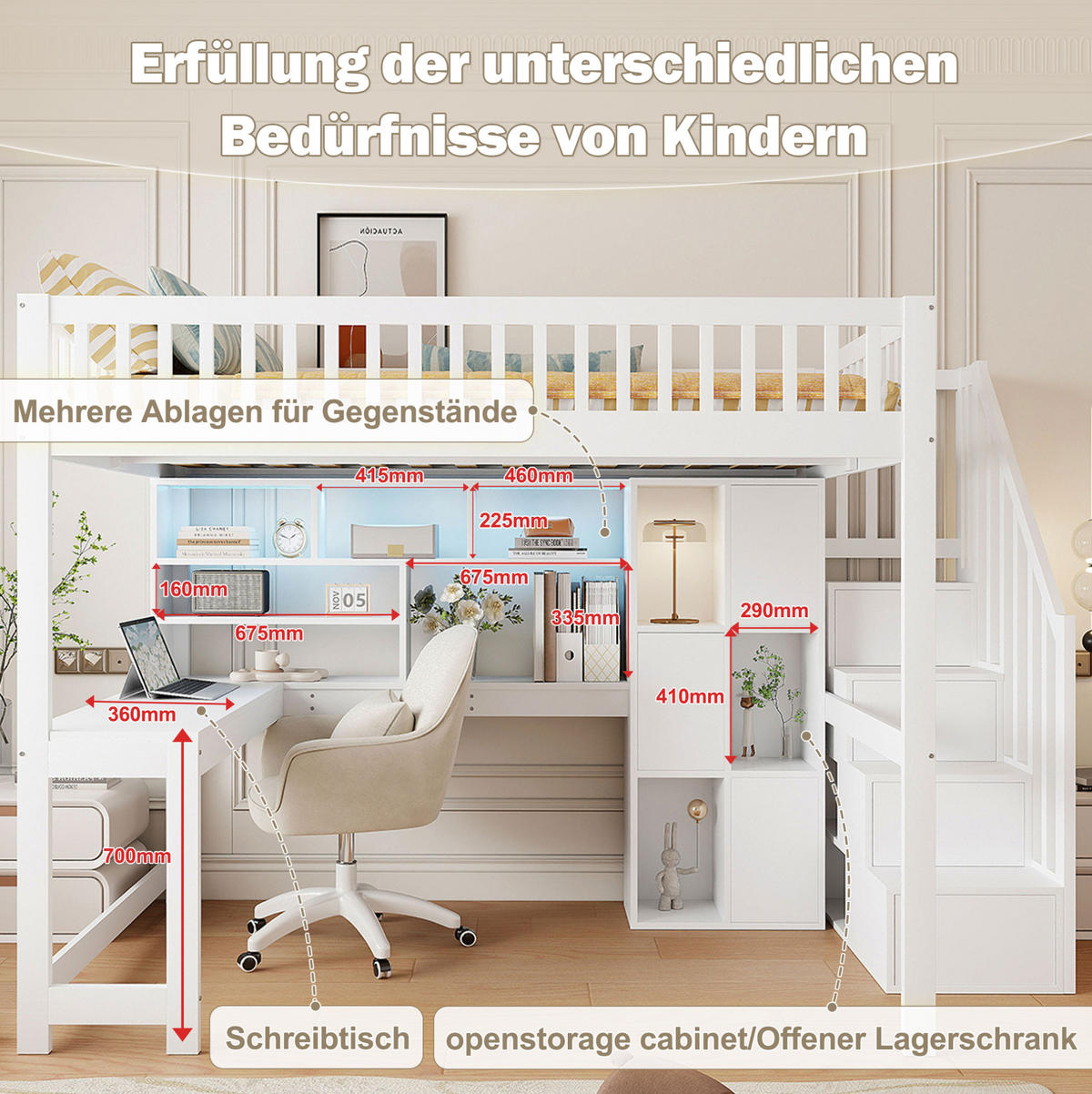 HOCHBETT aus Kiefernholz 140x200 cm Weiß mit LED-Beleuchtung, Ablageleiter, Regalen, Ablagefächern und Schreibtisch - Weiß, Holzwerkstoff (140/200cm) - Modfu