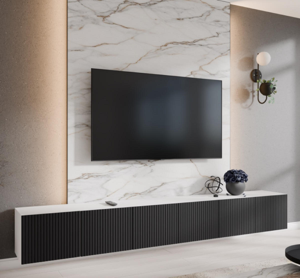 TV-SCHRANK Weiß Schwarz NOELI Geschlossen Gerillt 300 cm - Schwarz/Weiß, Holzwerkstoff (300/41/40cm) - Sepro Meble