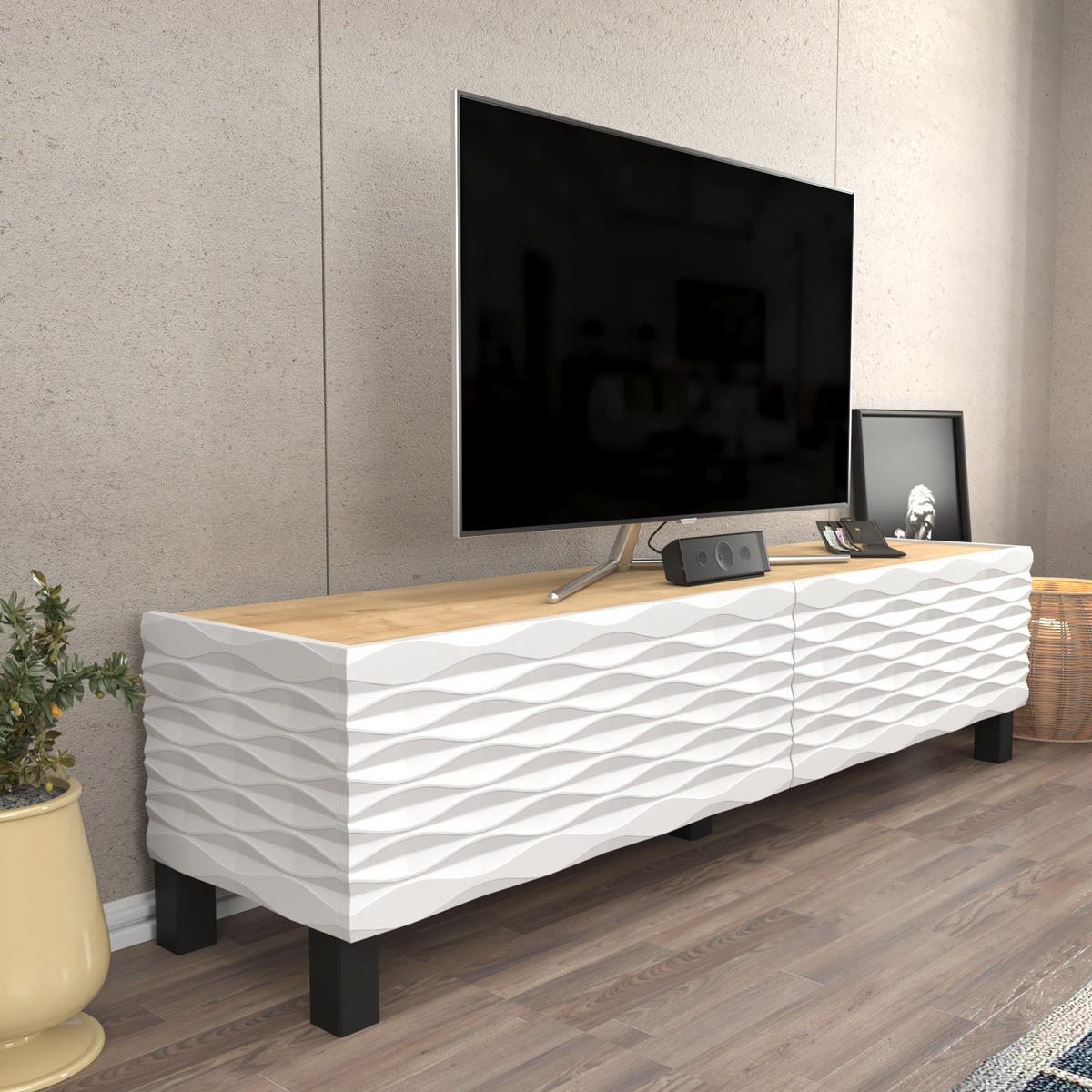 TV-ELEMENT Lerze Oake Weiß - Hellbraun/Weiß, Holzwerkstoff (149.2/38/35cm) - Decorotika