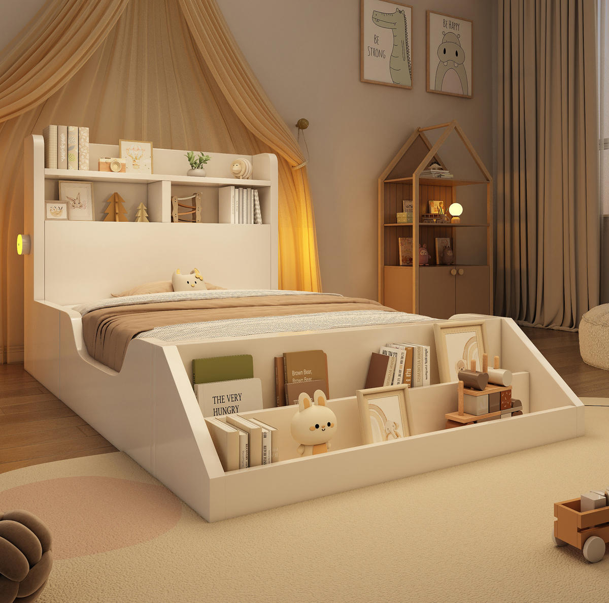 KINDEREINZELBETTEN aus Holz 90x200 cm in Weiß mit Nachtlichtern & Bücherregal - Weiß, Holz (90/200cm) - Modfu