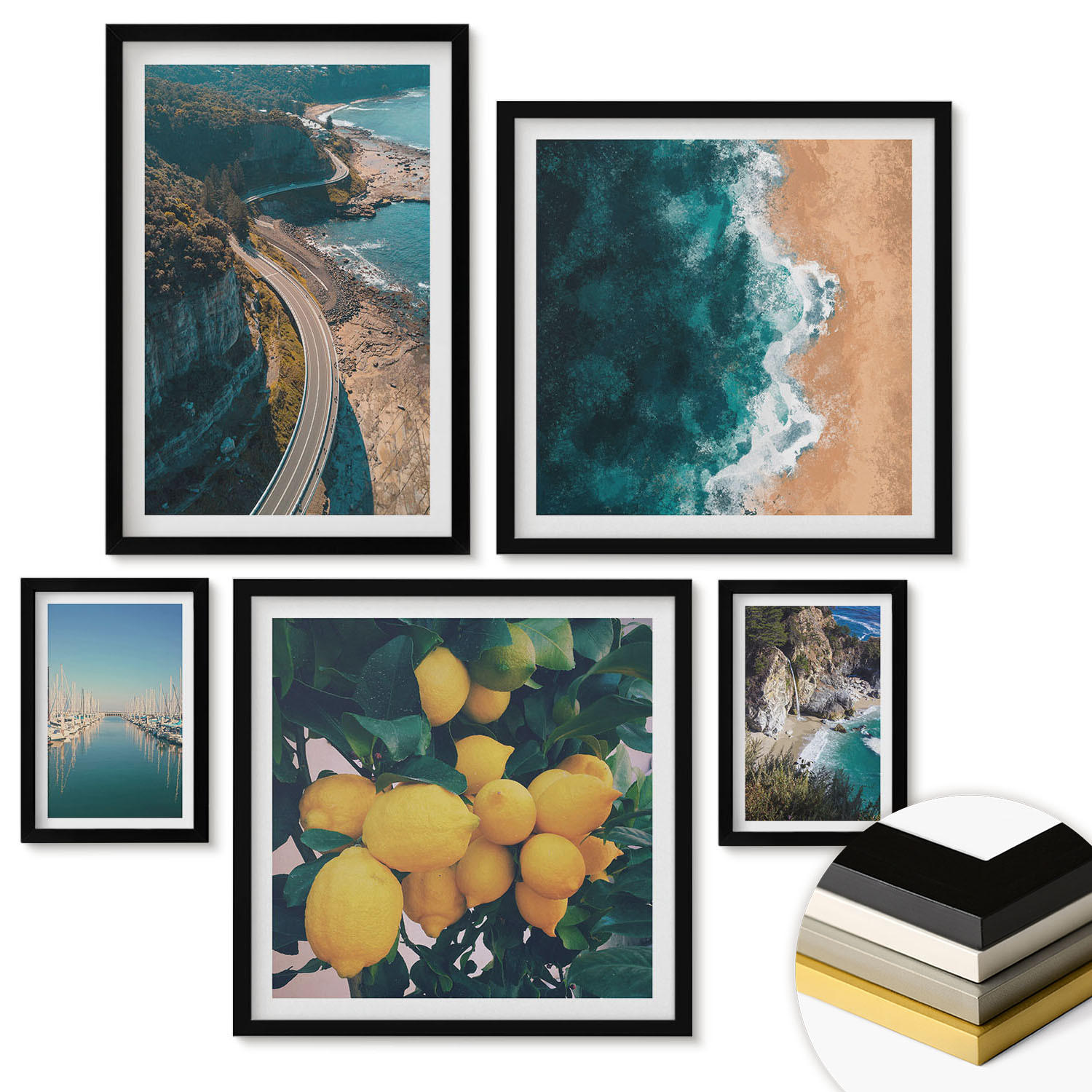 WANDBILDER 5er-Set - 50x50 cm & 20x30 cm & 40x60 cm Schwarzer Rahmen - Straßen am Meer, ein Meer aus Zitronen - Schwarz, Kunststoff (40/60cm) - ArtPrintCave