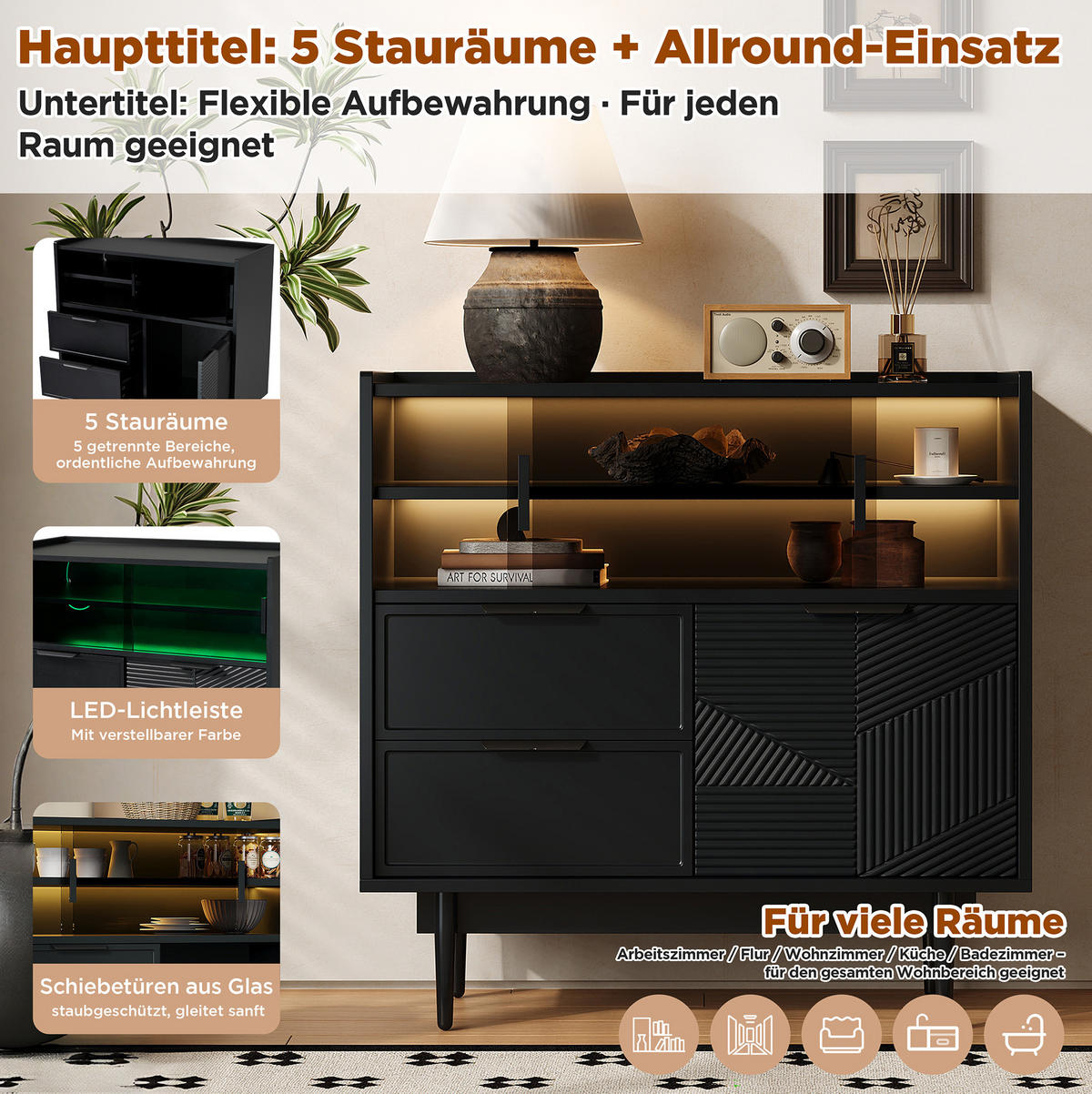 SIDEBOARD 80/35/80 cm Schwarz aus MDF mit LED-Lichtleiste - Schwarz, Holzwerkstoff (35/80/80cm) - OKMYHOME