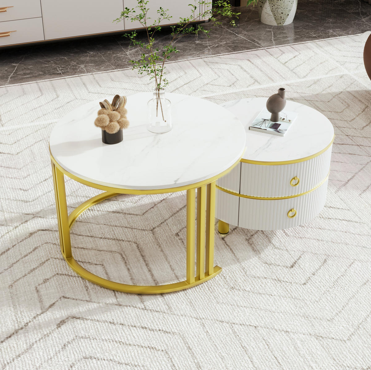COUCHTISCH-SET, MDF mit Marmormuster und Hochglanzplatte, 2 runde Tische mit Schubladen, 70/70/46 + 50/50/40 cm, Gold und Weiß - Weiß, Holzwerkstoff (70/70/46cm) - Redom