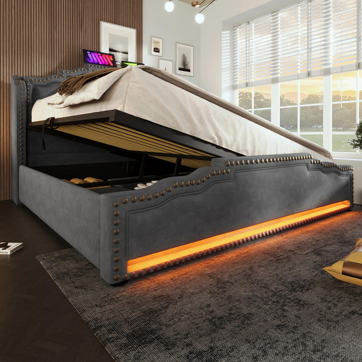 POLSTERBETT 160x200cm Doppelbett hydraulisch LED & USB-C Grau Samt - Grau, Holz - FLIEKS