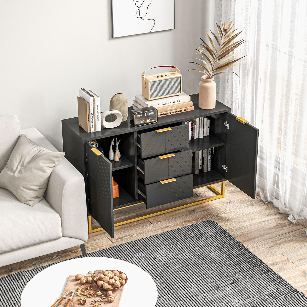 SIDEBOARD DE-11134 Grafisches Design mit 2 Schränken Schwarz/Gold - Schwarz, Holzwerkstoff (120/76/40cm) - ComfortXL