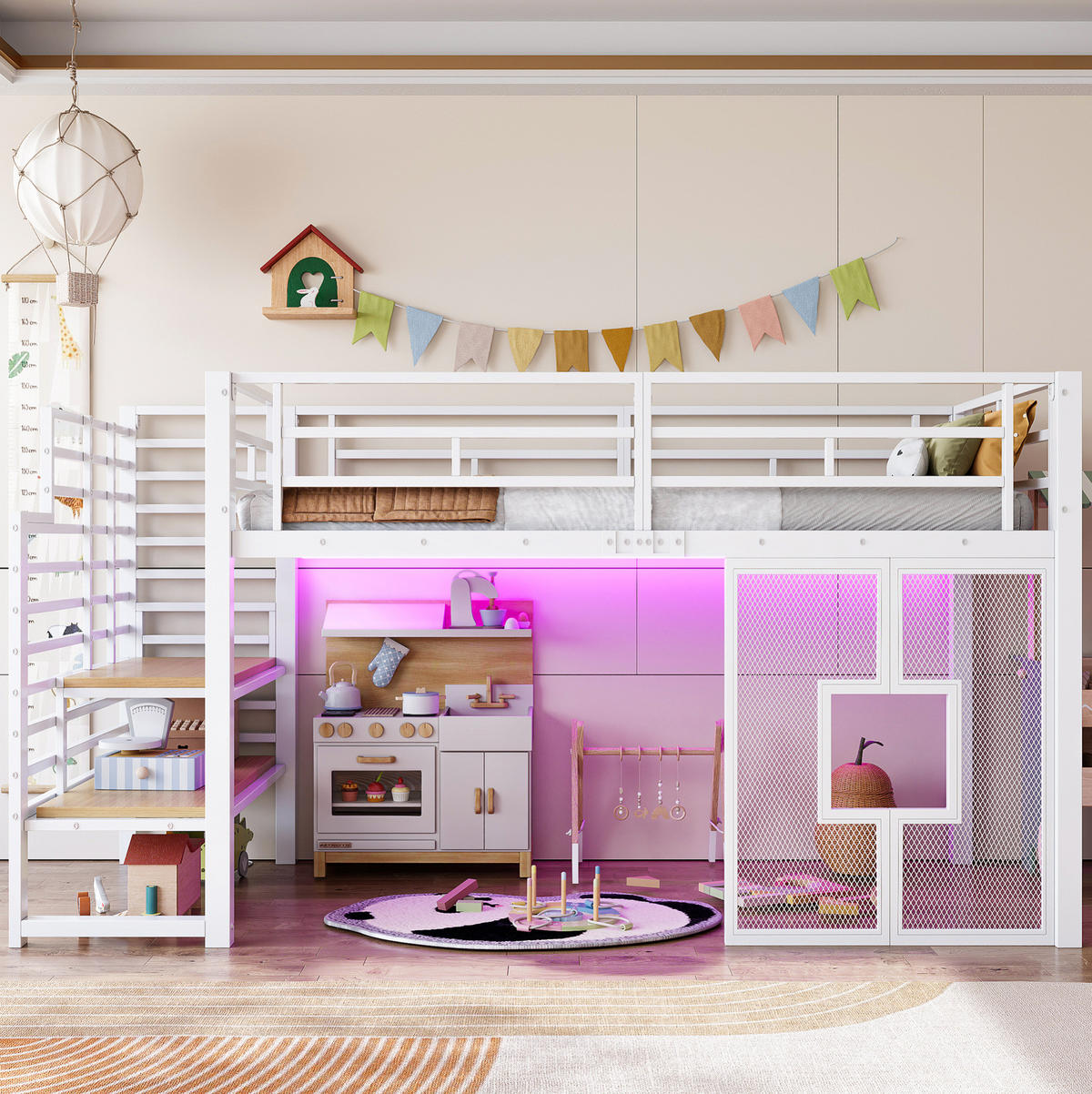 HOCHBETT 90/200 cm aus Metall und MDF mit Treppe Stauraum und LED-Beleuchtung Weiß - Weiß, Metall (90/200cm) - Modenvie