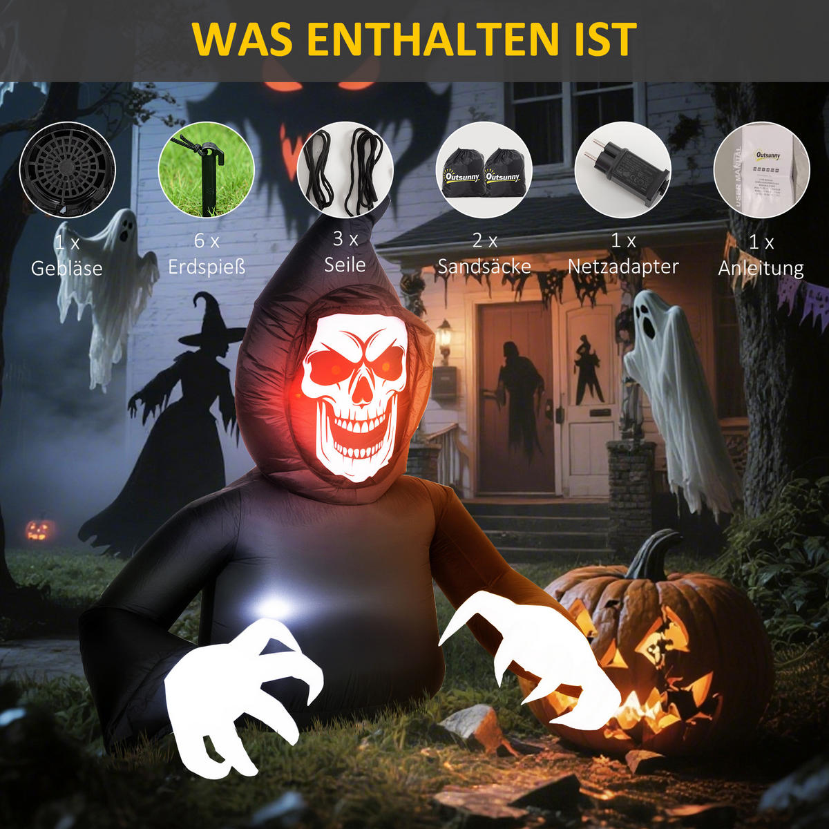 AUFBLASBARER Sensenmann, Halloween-Dekoration mit LED-Lichtern, für Outdoor - Schwarz, Textil (115/180/190cm) - Outsunny