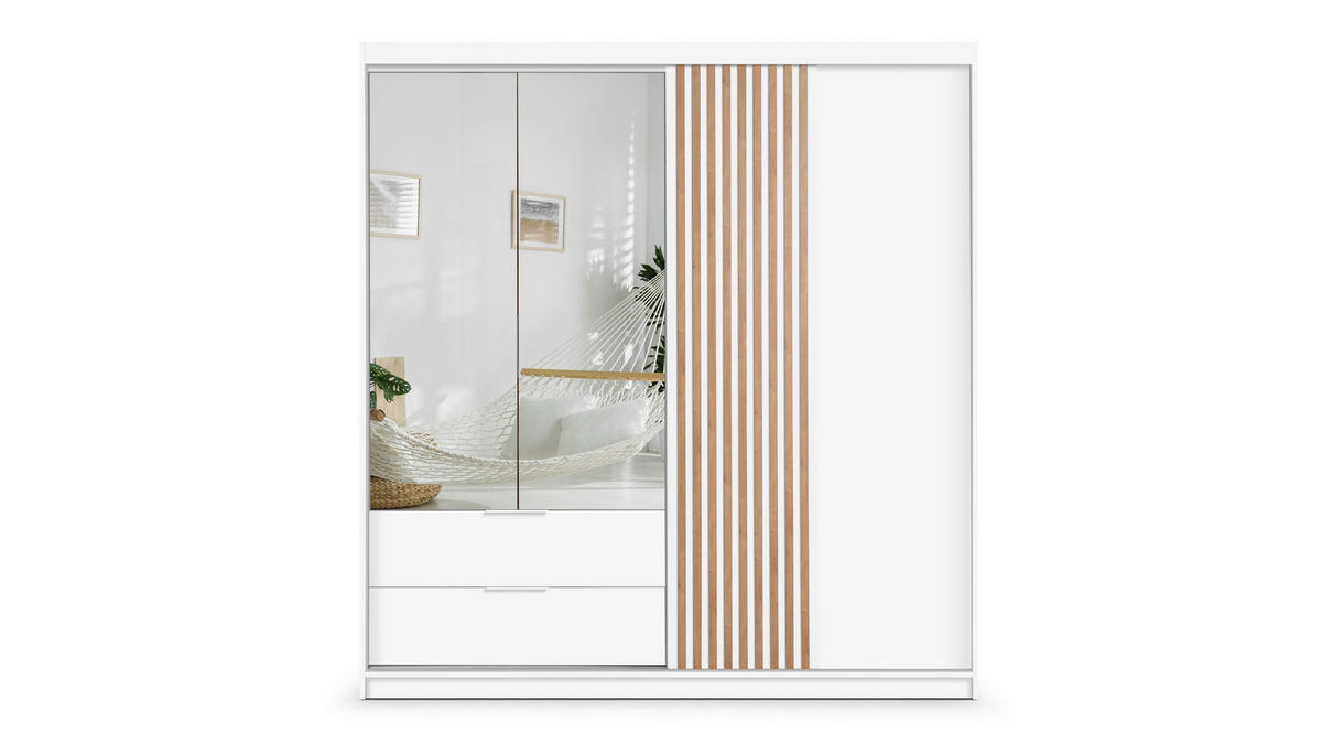 DREHTÜRENSCHRANK AKALI 203/213/60 cm 3-türig mit Spiegel Weiß - Weiß, Holzwerkstoff (203/213/60cm) - MASSENO
