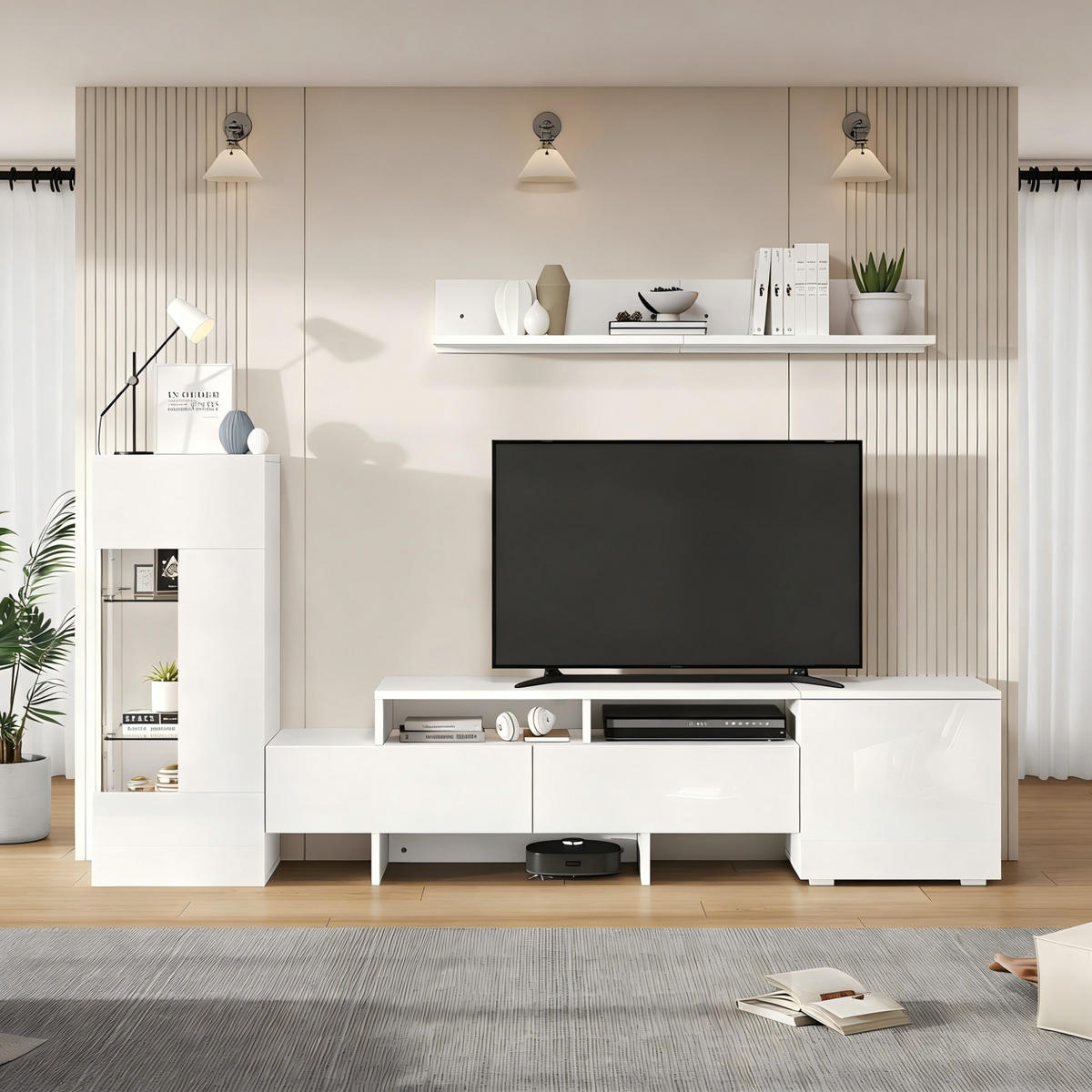 TV-LOWBOARD 3-teilig 170/35/45 cm mit LED-Beleuchtung, Hochglanzfronten und Soft-Close, Weiß - Weiß, Holzwerkstoff (170/45/35cm) - Redom