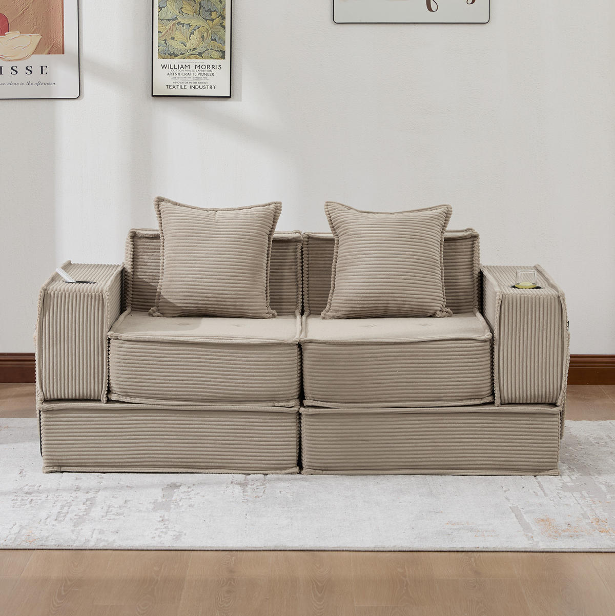 2-SITZER-SOFA aus Cord 162x78x66 cm Khaki mit 2 Kissen und Seitentaschen, modular und familienfreundlich - Beige, Textil (162/66/78cm) - Modfu