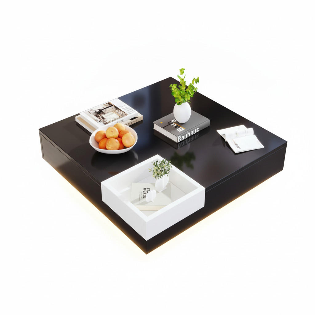 COUCHTISCH 72x72x30 cm Schwarz Hochglanz, LED, Abnehmbare Aufbewahrungsbox, Wohnzimmer - Schwarz, Holz (72/72/30cm) - PARAFTA HOME