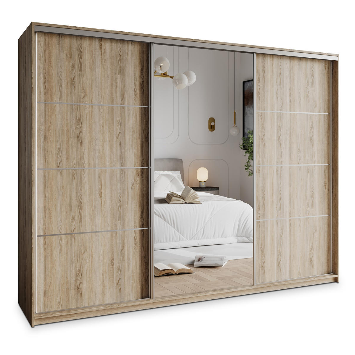 SCHWEBETÜRENSCHRANK VARO 250/205/60 cm 3-türig mit Spiegel und Schubladen Sonoma Eiche - Sonoma Eiche/Nickelfarben, Holzwerkstoff (250/205/60cm) - MASSENO