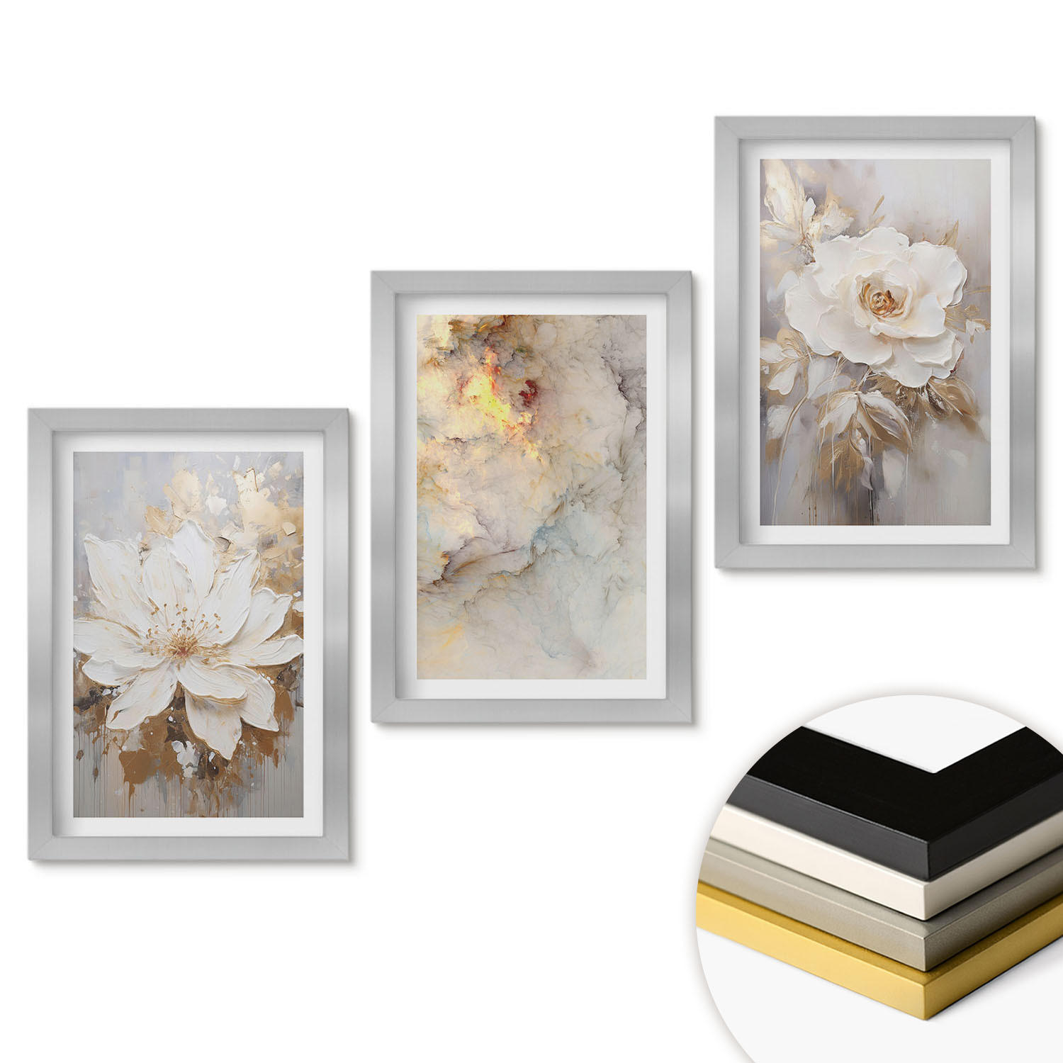 WANDBILDER 3er Set - 20x30 cm Silberner Rahmen - Blumen heller abstrakter Hintergrund - Silberfarben, Kunststoff (20/30cm) - ArtPrintCave