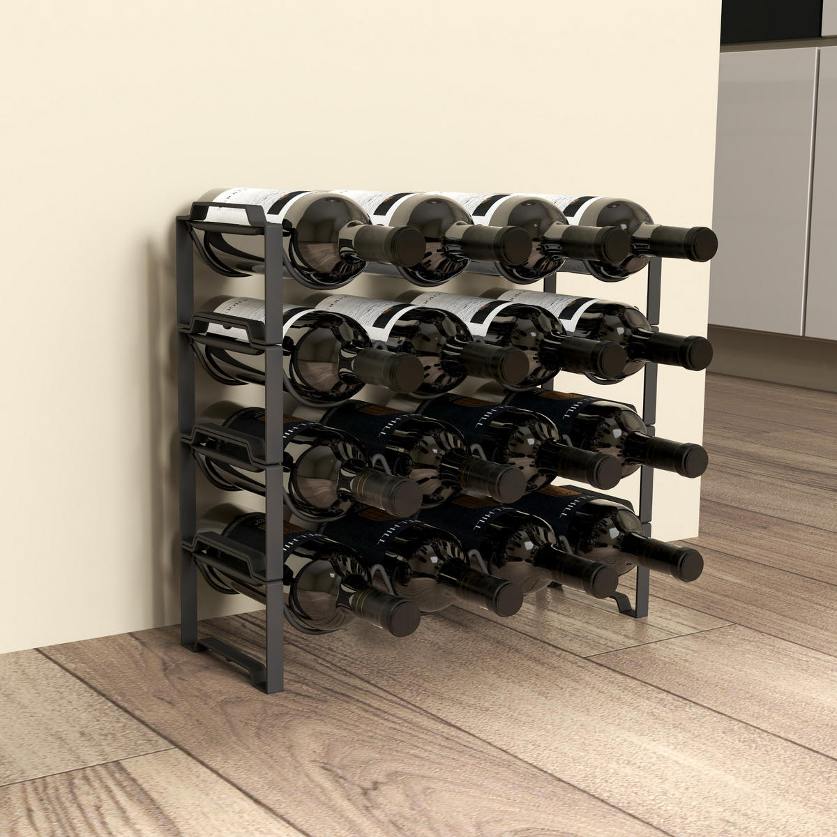 4-STUFIGES Weinregal, freistehendes Regal für 16 Weinflaschen, Metall, Schwarz - Schwarz, Metall (16.5/41/42.5cm) - HOMCOM