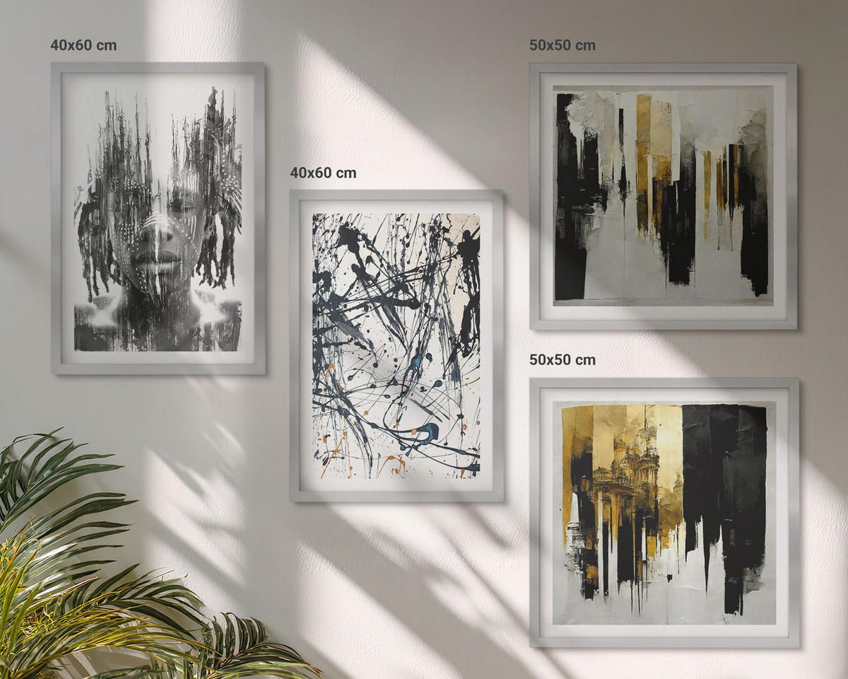 BILDER SET 4er Set - 50x50 cm & 40x60 cm Silberner Rahmen - Kontrastierende abstrakte Porträts - Silberfarben, Kunststoff (50/50cm) - TULUP