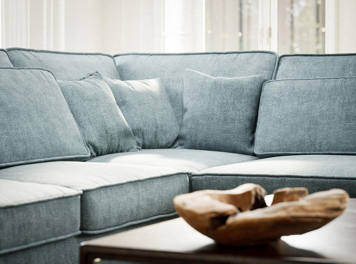 ECKSOFA Kirou Hellblau Chenille-Stoff - Rechts Seite - Schwarz/Hellblau, Holz/Holzwerkstoff (311/225cm) - Maison de Reve