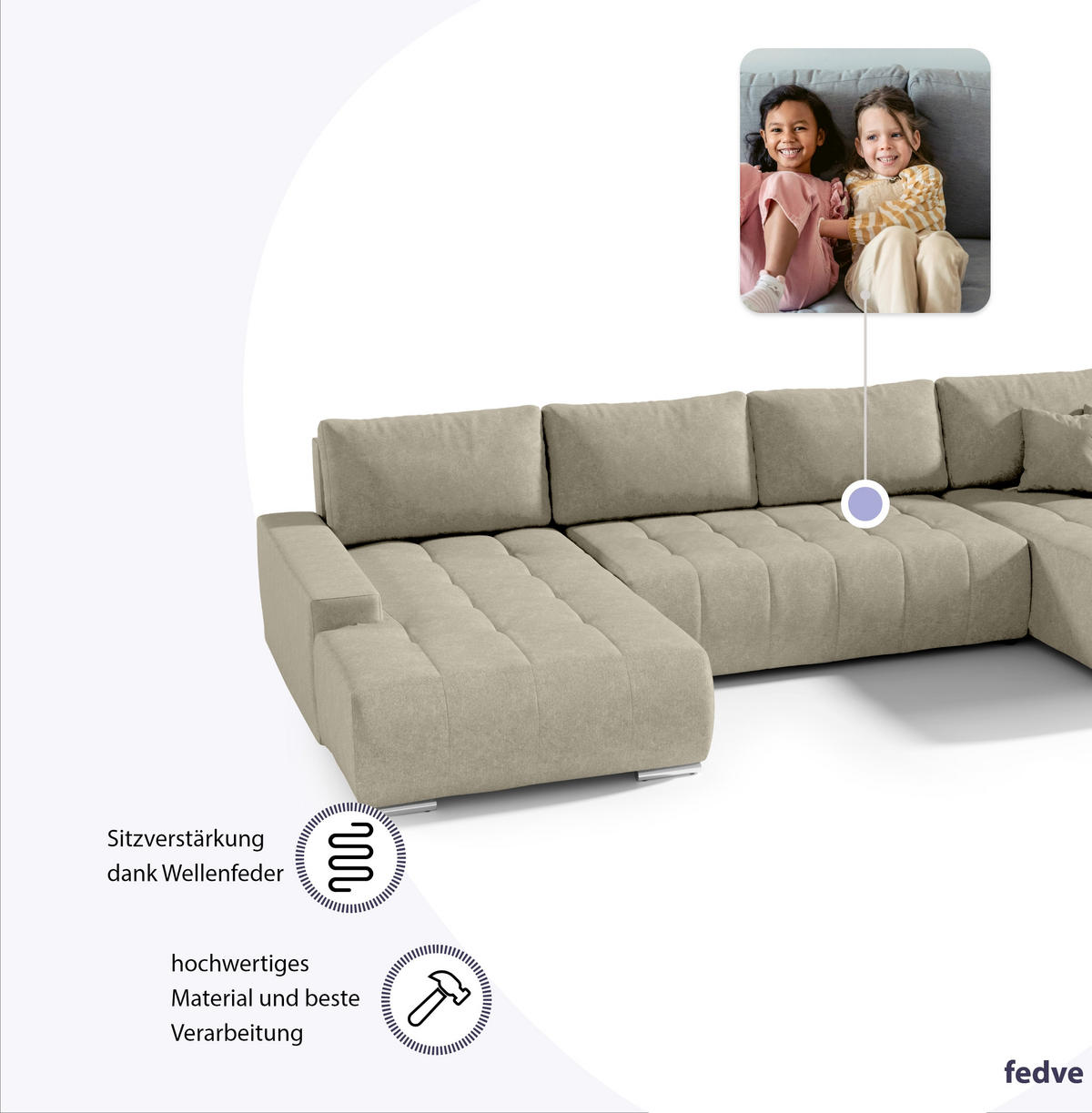 WOHNLANDSCHAFT mit Schlaffunktion Dhaka U, Vanille - Beige, Textil (185/85/350cm) - Fedve