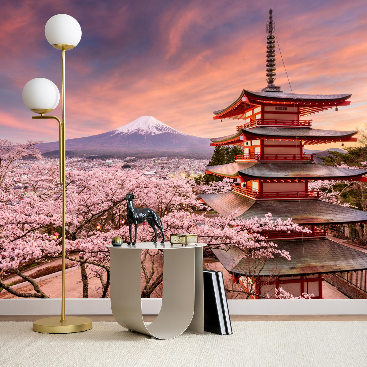 FOTOTAPETE Pagode Berg Fuji Sakura Landschaft 3D 200x140 - Rot/Violett, Papier (200/140cm) - Muralo