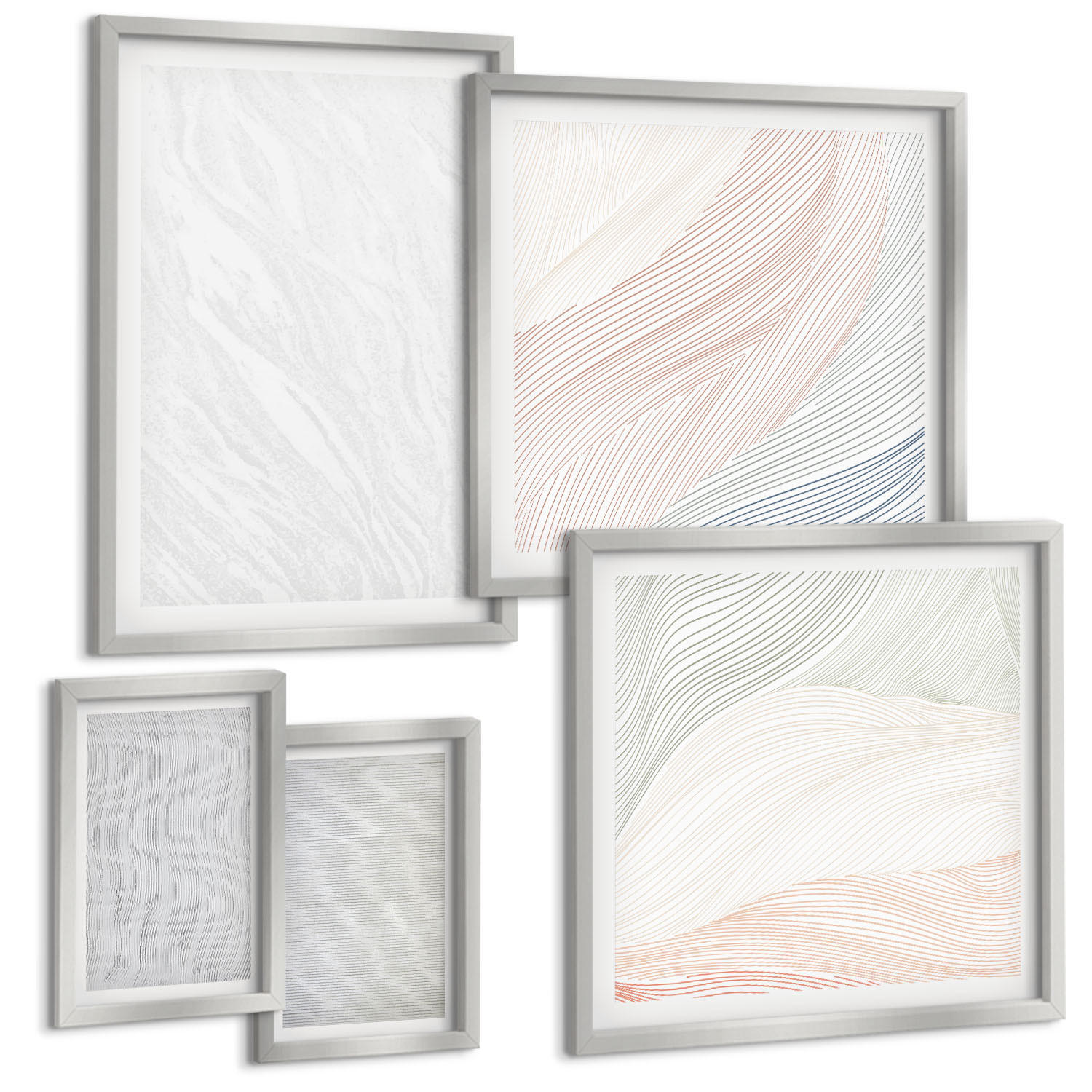 BILDER SET 5er Set - 50x50 cm & 20x30 cm & 40x60 cm Silberner Rahmen - Leuchtende Strukturen, Sandmuster - Silberfarben, Kunststoff (40/60cm) - TULUP
