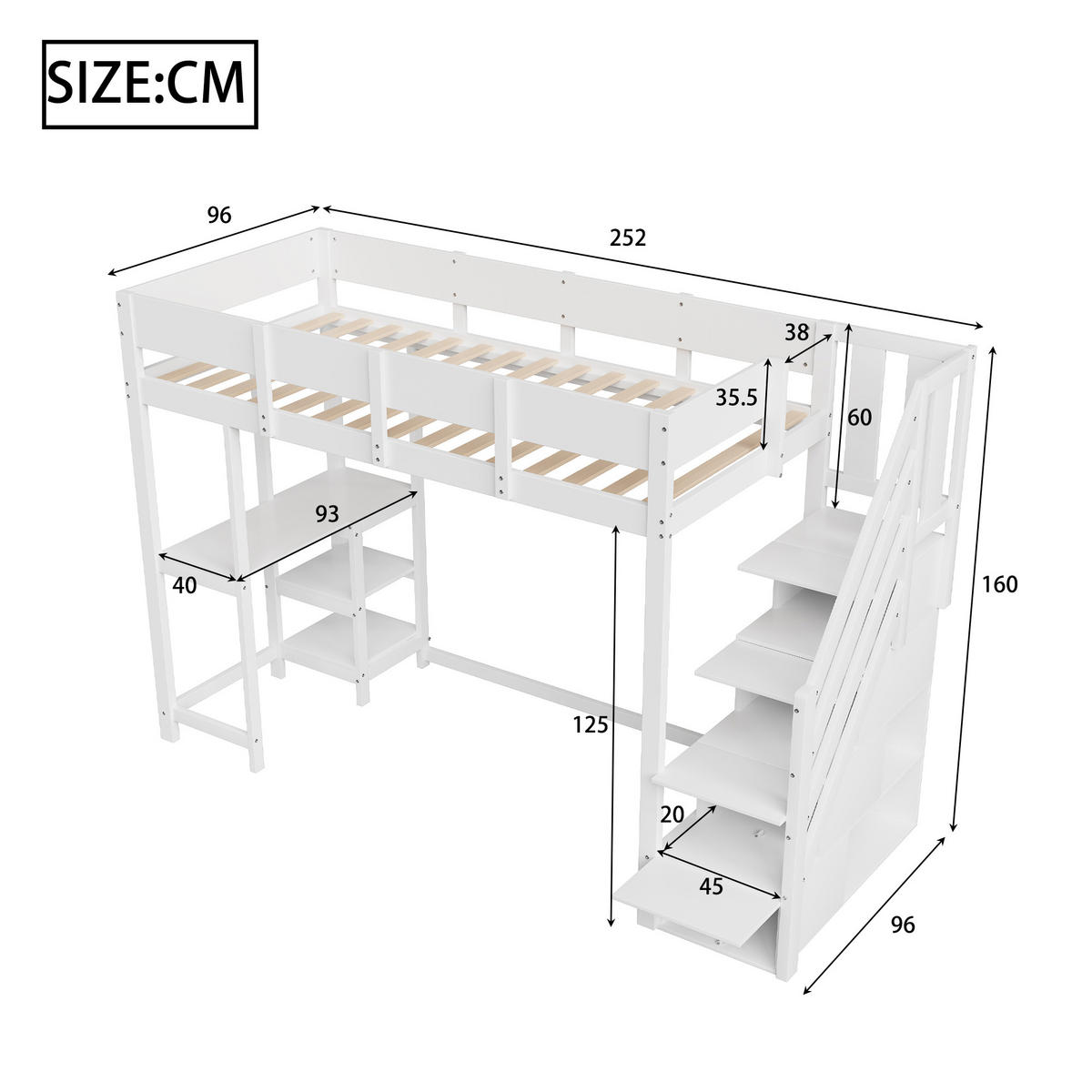 HOCHBETT 90/200 cm DE-01427, in Weiß, mit Stauraumtreppe und Ablage - Weiß, Holz (90/200cm) - ComfortXL