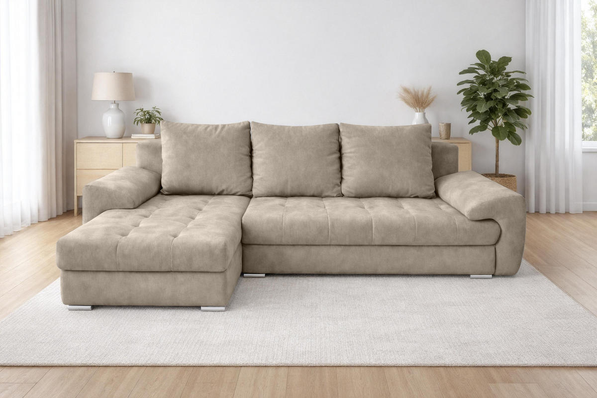 ECKSOFA L Form Manisa Hellbraun 234/145/83 cm Links mit Schlaffunktion - Hellbraun/Silberfarben, Kunststoff/Textil (145/234cm) - AX Living