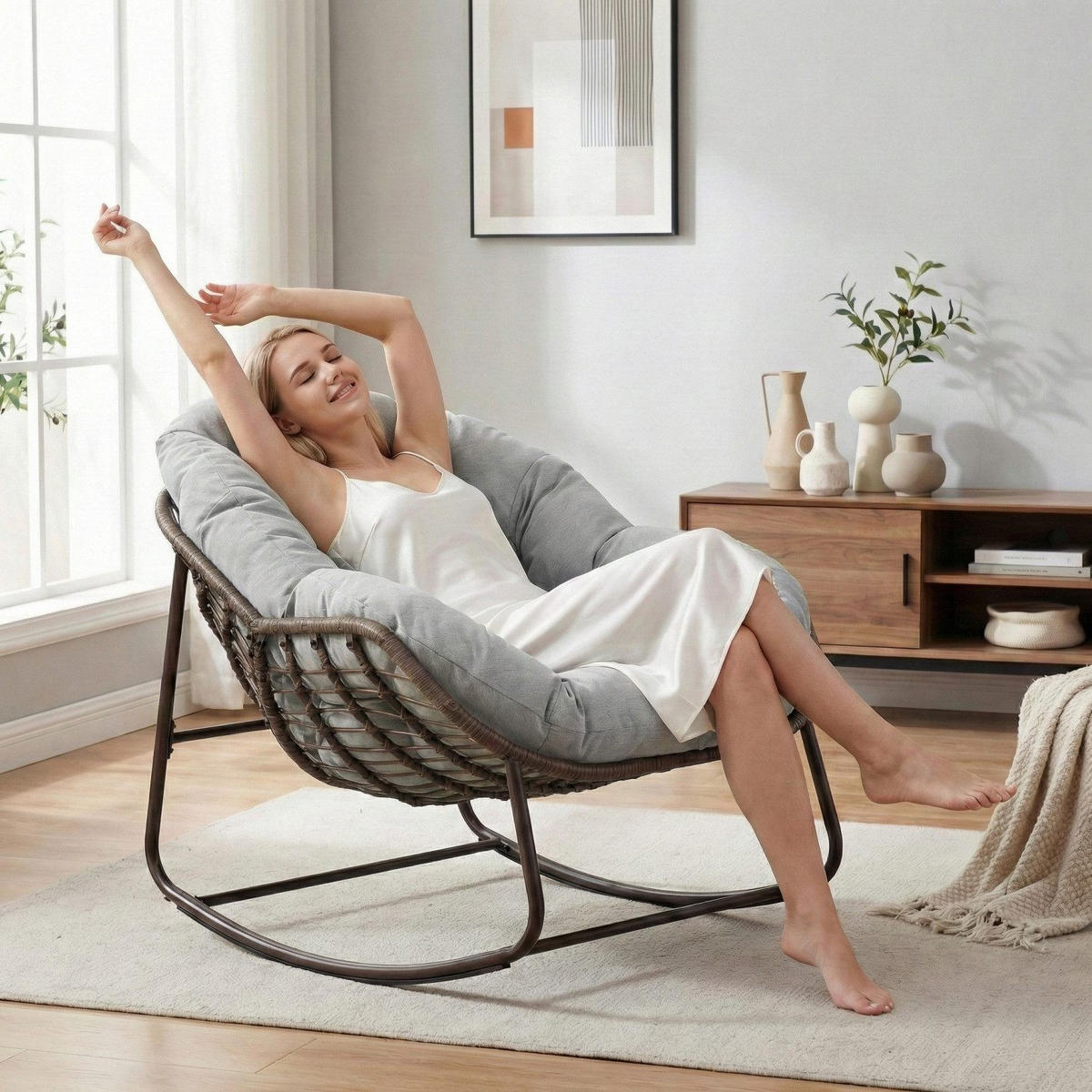 SCHAUKELSTUHL Schaukelsessel,Rattanstuhl mit Stahlrahmen,Grau-Polyester - Hellgrau, Metall (94.5/80/111cm) - LVHOM