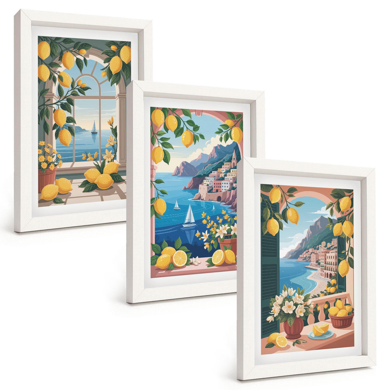 BILDER SET 3er Set - 20x30 cm Weißer Rahmen - Meerblick, italienische Zitronen - Weiß, Kunststoff (20/30cm) - TULUP