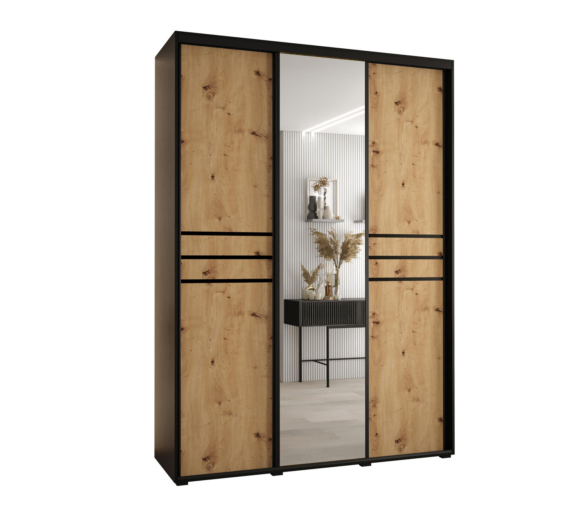 Abiks Möbel Schwebetürenschrank Schwarz, Eiche Artisan, Schwarz 170x235x45 cm