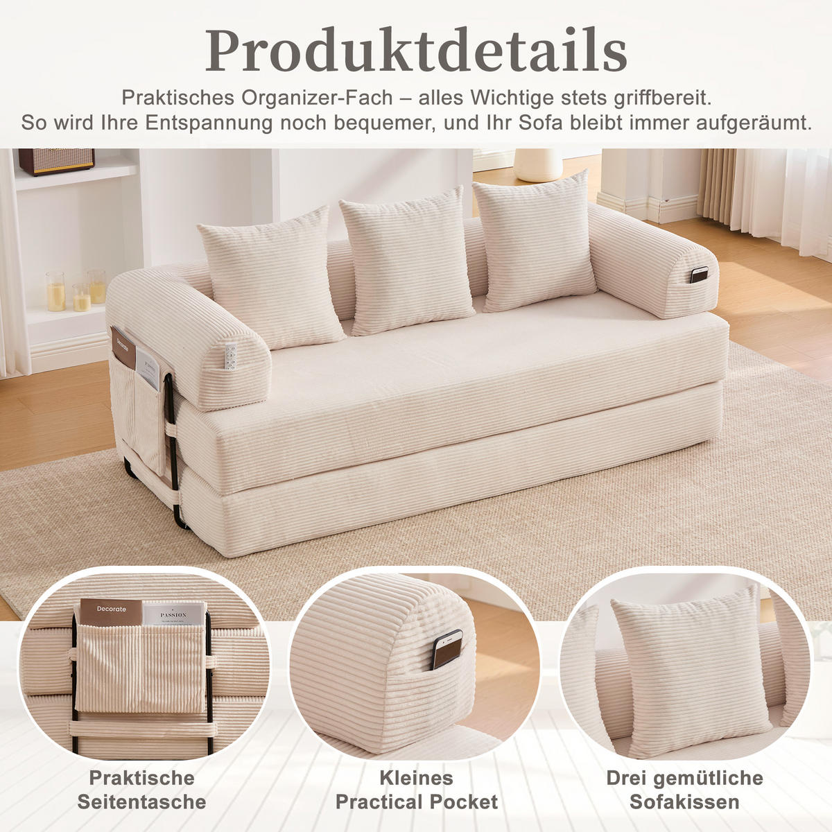 SCHLAFSOFA 200/94/67 cm Beige mit Seitentaschen plus und 3 Kissen - Beige, Textil (200/67/94cm) - Oxeza