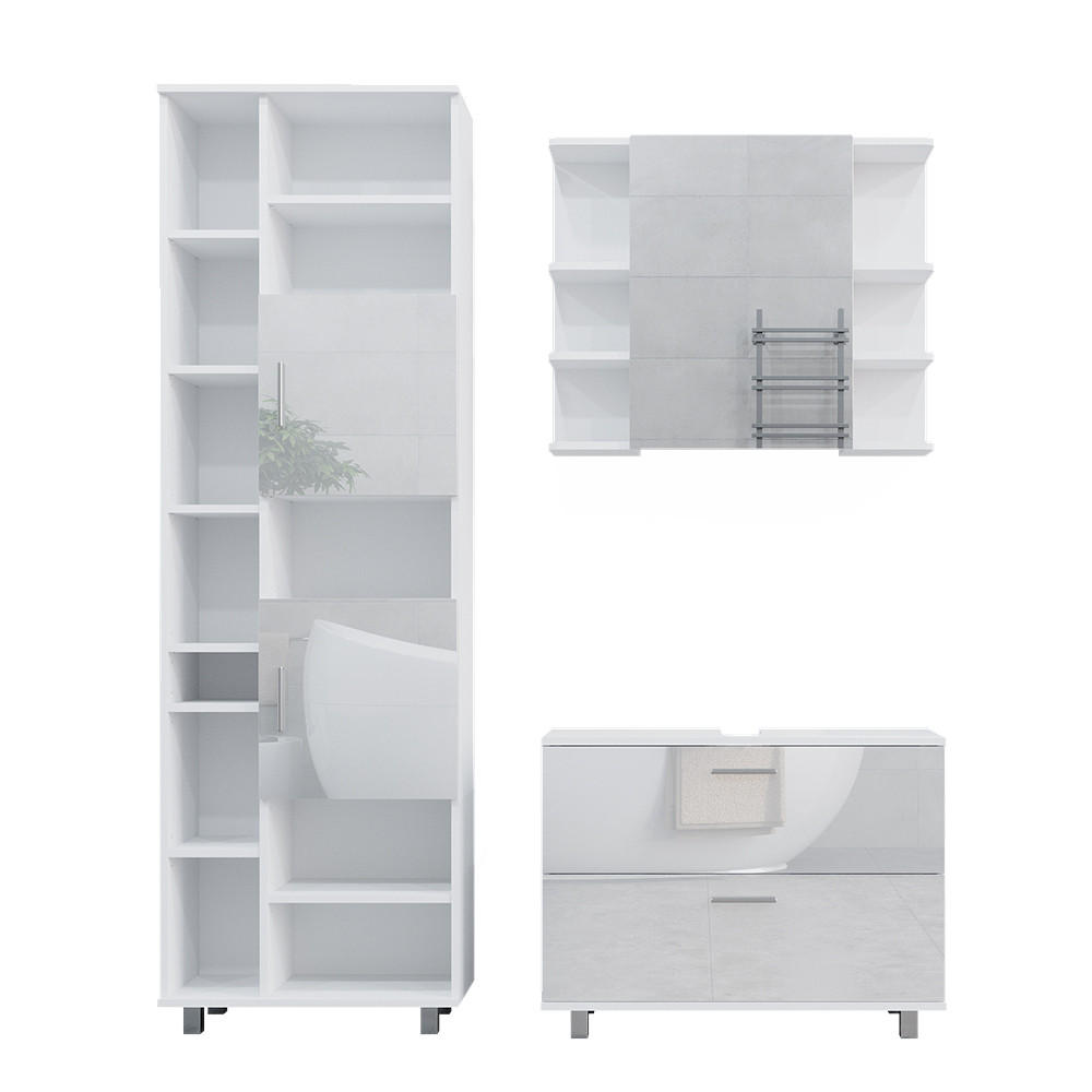 BADMÖBEL-SET Ilias Weiß Hochglanz 3 Teile, mit Hochschrank - Weiß Hochglanz, Holzwerkstoff (80.2/60.8/33cm) - Vicco
