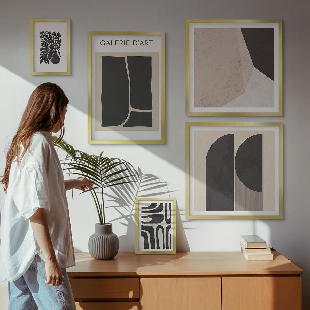 BILDER SET 5er Set - 50x50 cm & 20x30 cm & 40x60 cm Goldrahmen - Abstrakte minimalistische Poster - Goldfarben, Kunststoff (40/60cm) - TULUP