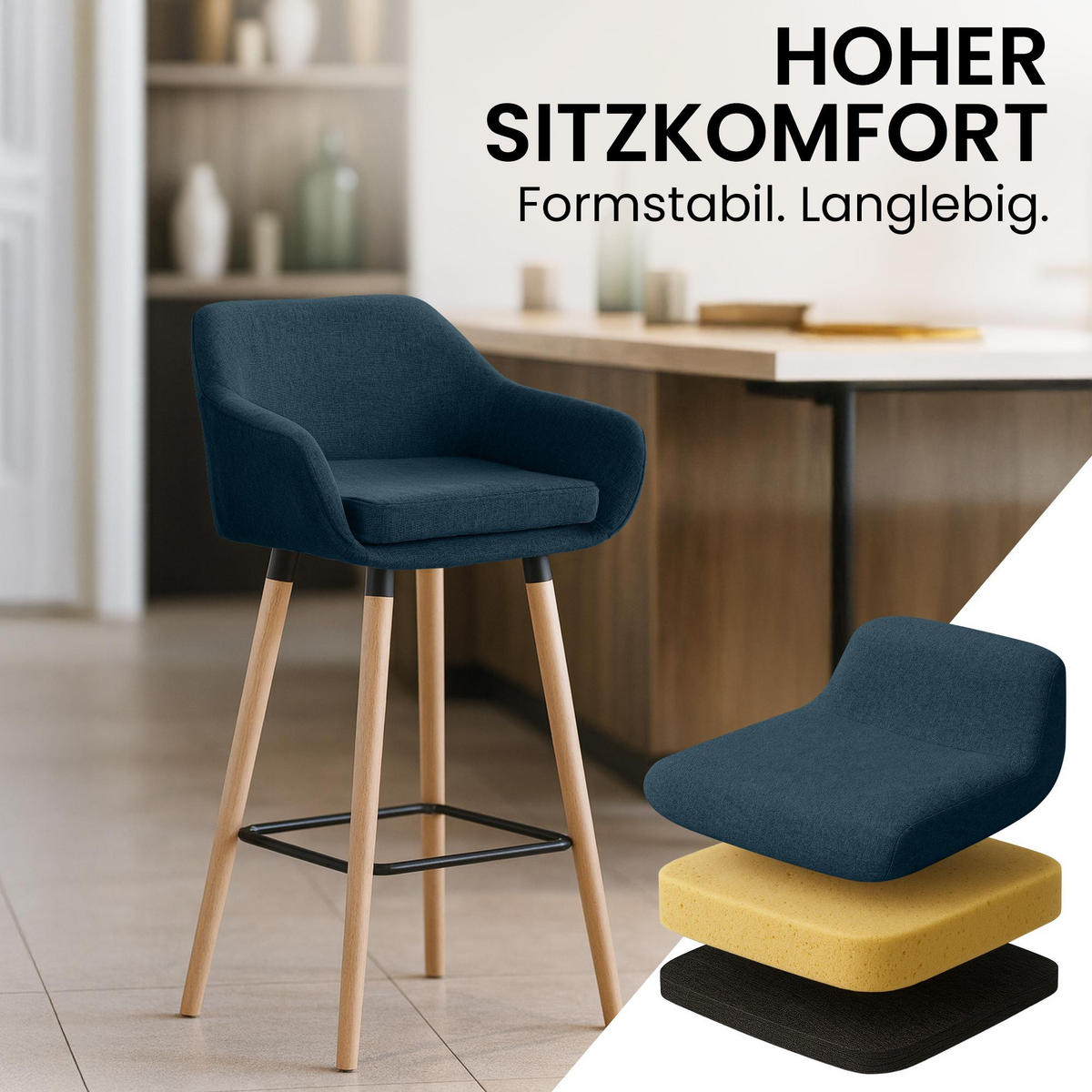BARHOCKER Stoff Blau - Blau/Eukalyptusholzfarben, Holz/Textil (55/99/46cm) - CLP