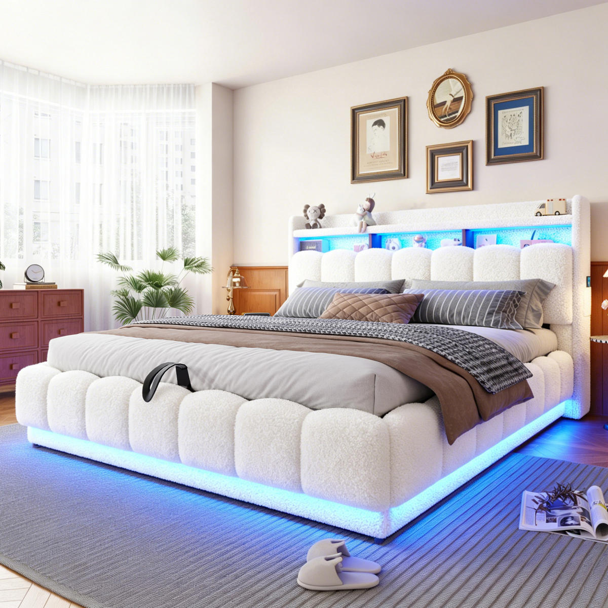 POLSTERBETT 180/200 cm in Weiß mit Bettkasten, LED, USB und Steckdose aus Boucle - Weiß, Textil/Metall (180/200cm) - STILVORA