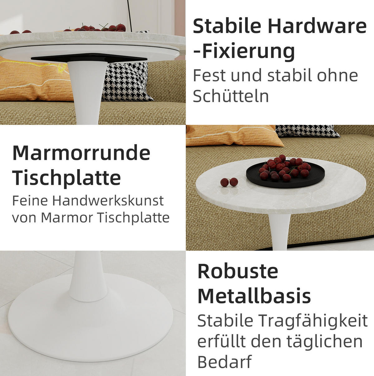 COUCHTISCH aus Kunstmarmor 70x70x72Weiß im modernen, runden Design - Weiß, Stein (70/70/72cm) - IVMEU